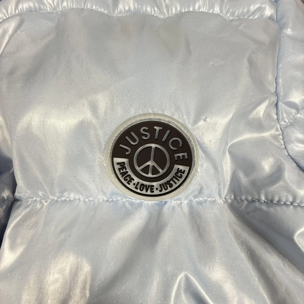 Justice Puffer Jacket Girls XS 5/6 Blue Hooded Sherpa‎ Lined Winter Coat Zip
